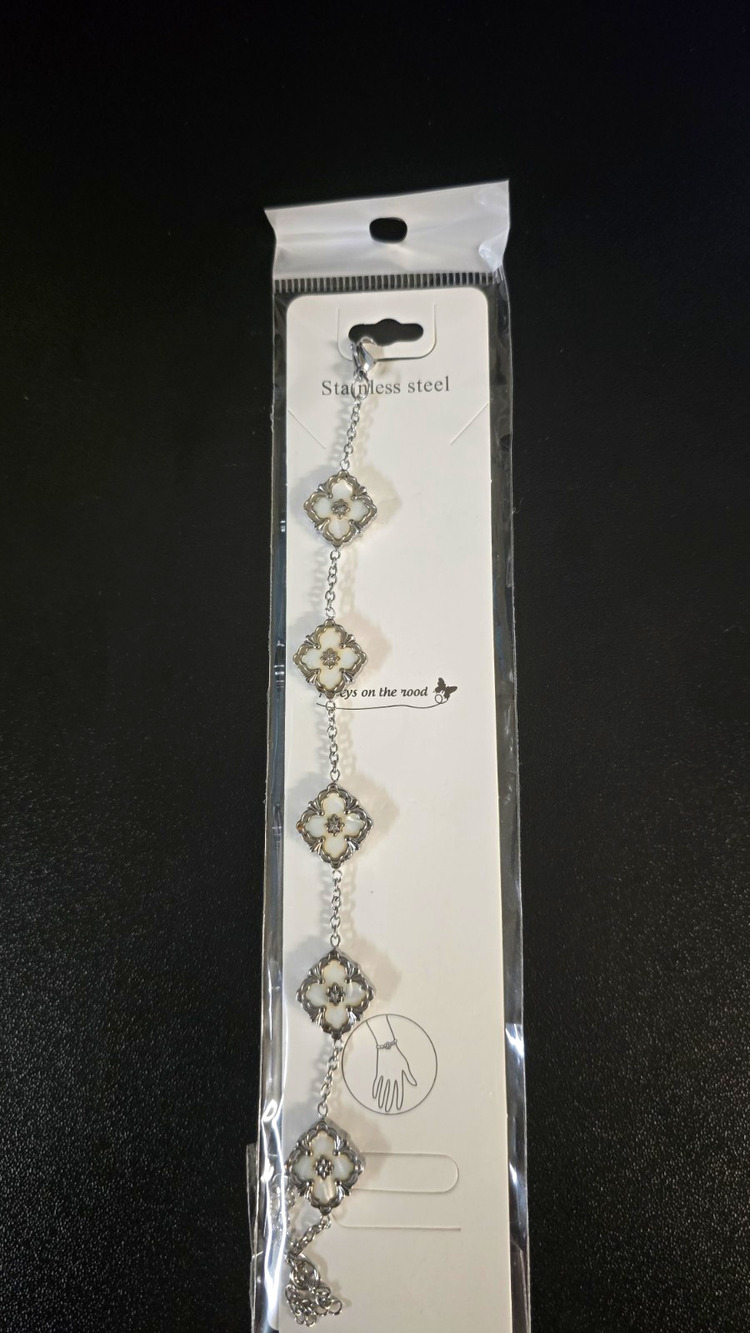 Stainless Steel Silver Tone White Enamel Clover Dangle Cable Chain Bracelet